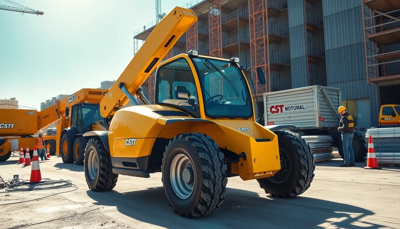 Telehandler lifting heavy materials at a construction site with workers nearby.