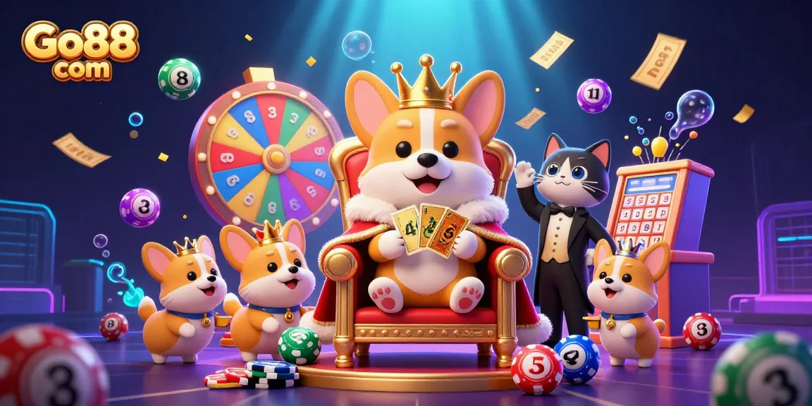 Engage with Go88 com in this vibrant casino scene featuring a royal corgi and colorful lottery elements.