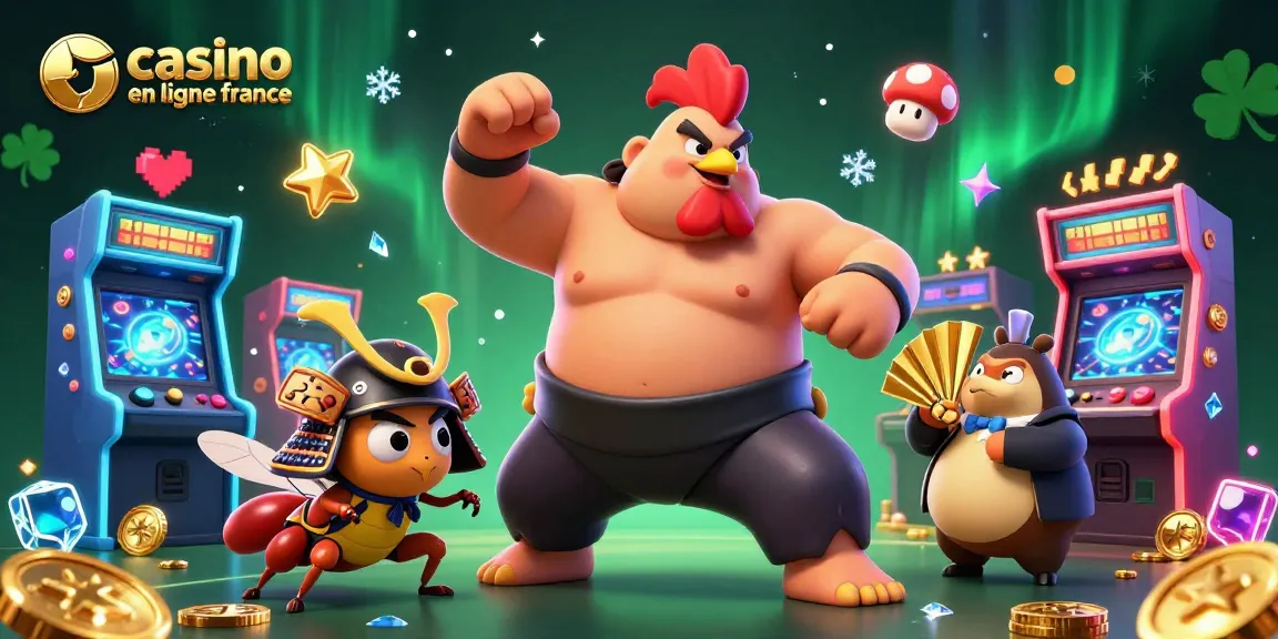 Jouer au casino en ligne France avec un rooster sumo, un grillon samouraï et un tanuki animateur lors d'un événement dynamique.