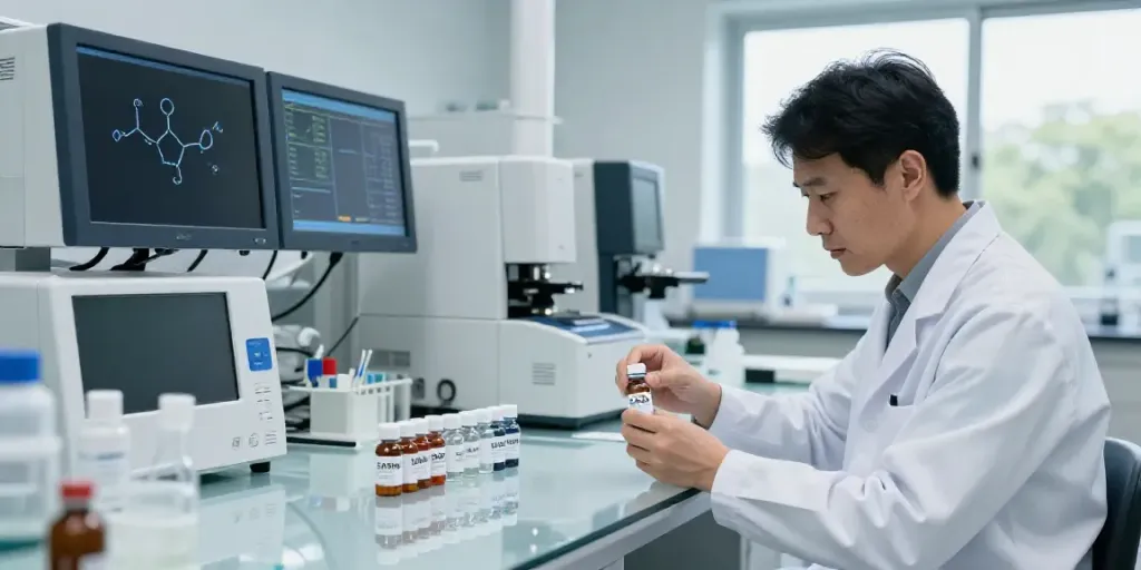 Scientist analyzing high-purity SwissChem peptides in a modern lab.