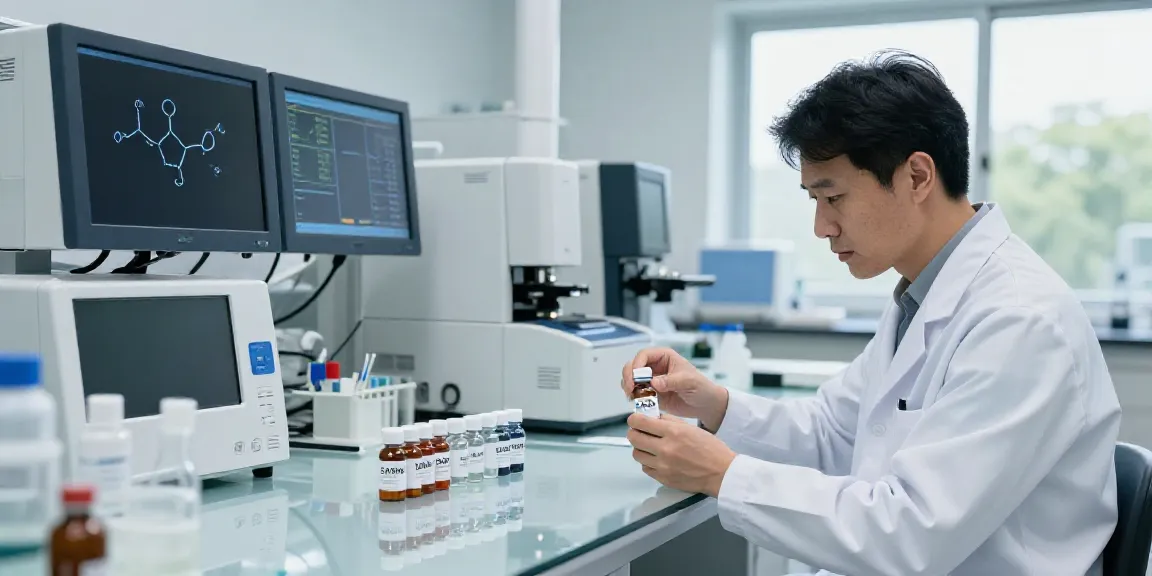 Scientist analyzing high-purity SwissChem peptides in a modern lab.