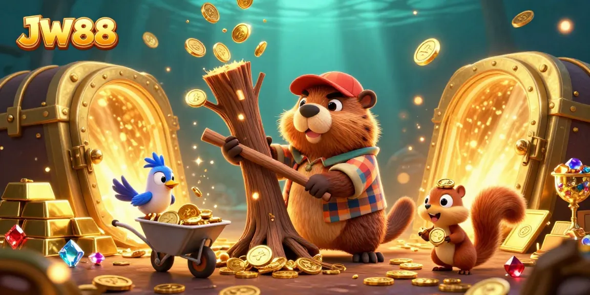 Experience the excitement of JW88 with golden coins raining from a tree in this vibrant casino-themed illustration.