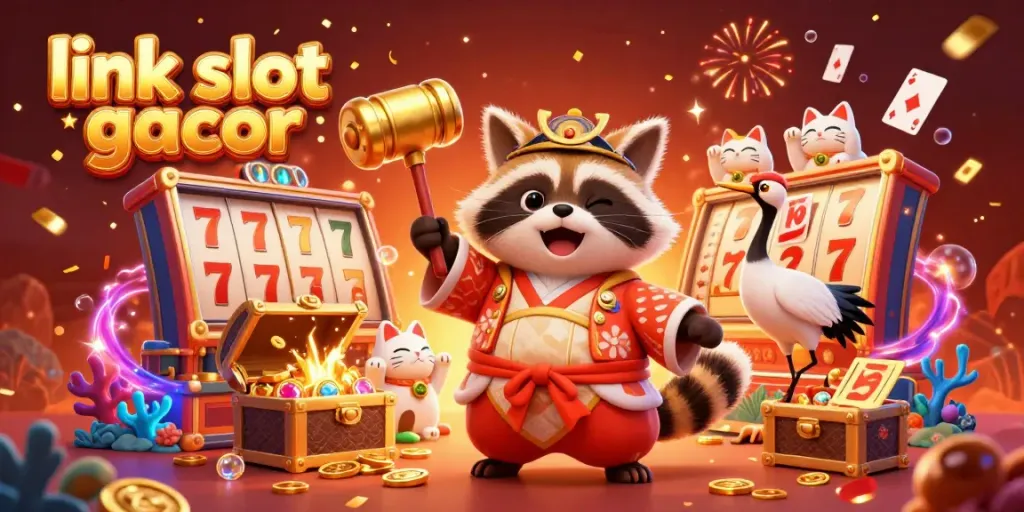 Experience fun with link slot gacor as the cheerful tanuki celebrates slot wins surrounded by vibrant colors and treasure.
