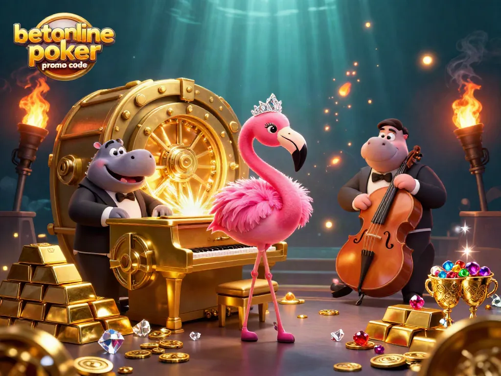 Celebrate winnings with the betonline poker promo code in a vibrant casino scene featuring animated characters.