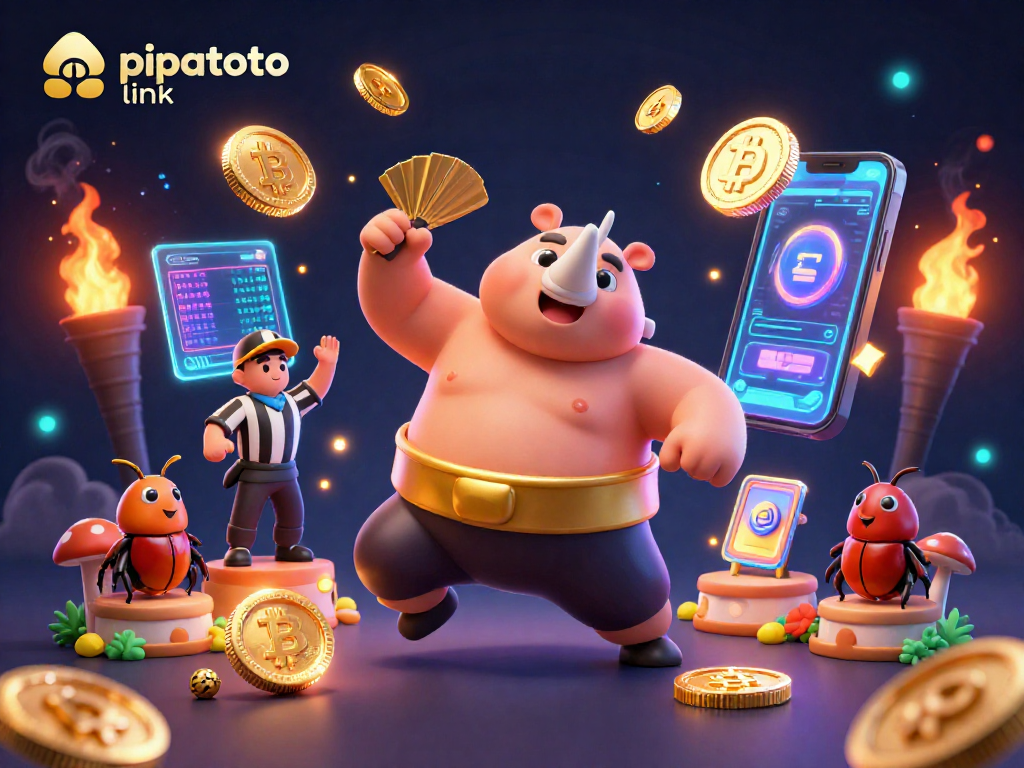 Engage with the pipatoto link experience, featuring a dynamic gambling scene with iconic characters and crypto elements.