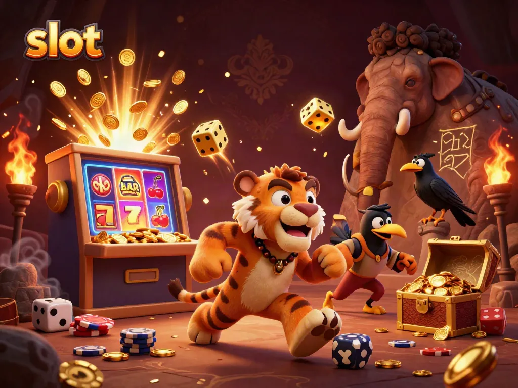 Mesin slot yang menarik mengejutkan dengan jackpot koin, menggambarkan keseruan kasino kuno dengan karakter permainan.