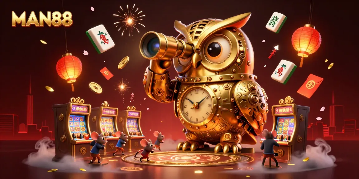 Engage with MAN88's vibrant casino world featuring a clockwork owl and animated mouse patrons.