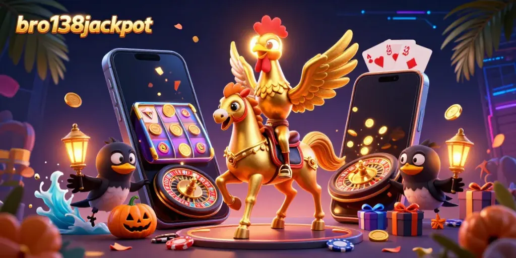 Engage with bro138jackpot in a magical midnight casino scene featuring a golden rooster riding a spectral horse.