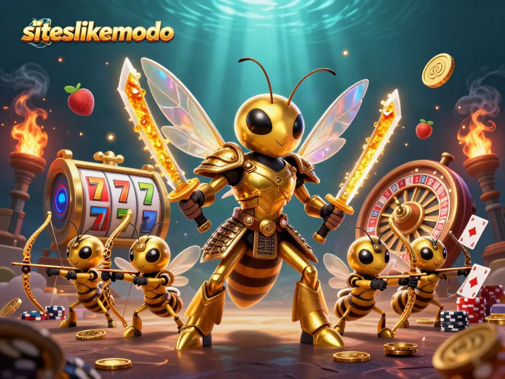 Join the excitement of siteslikemodo with a dynamic 3D casino scene featuring golden hornet samurai and gaming elements.