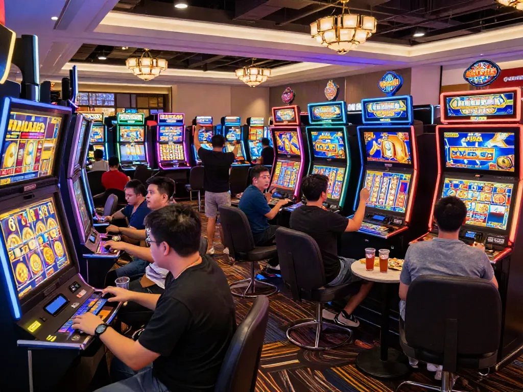 Slot gacor gaming scene with players celebrating wins in a vibrant casino.