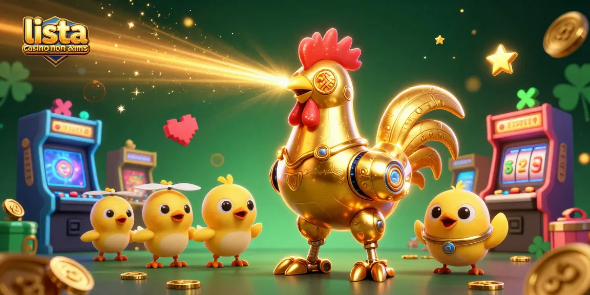 Scopri la lista casino non AAMS con robot dorato e chick droni in un'illustrazione vivace di gioco.