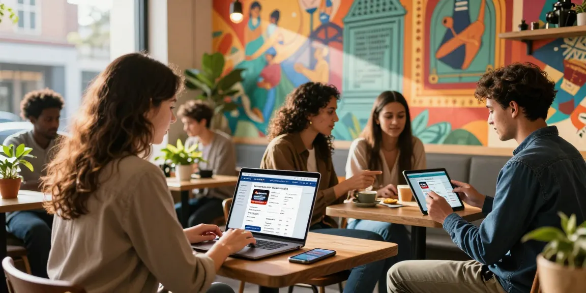 Engaging community scene demonstrating users browsing BedPersonal for local classifieds in a vibrant urban cafe.