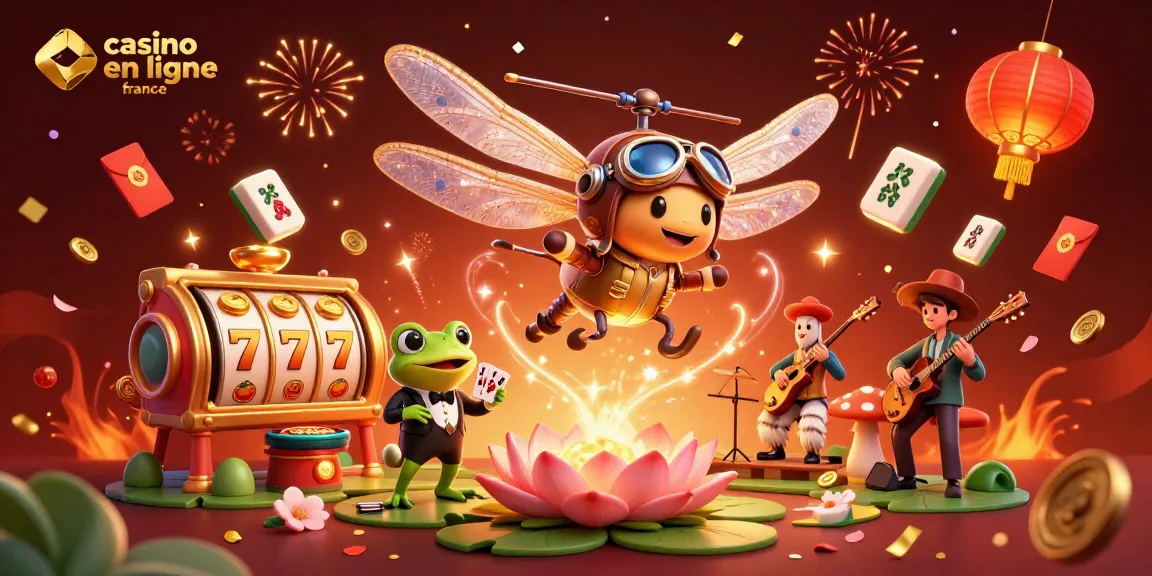 Animation de casino en ligne France avec un pilote libellule, croupier grenouille et musiciens