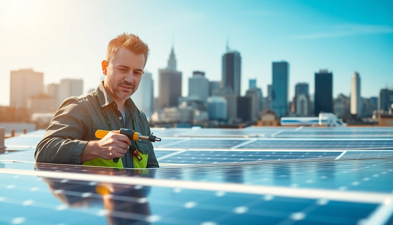 Engaging scene of a solar repair company New Jersey technician working on solar panels.