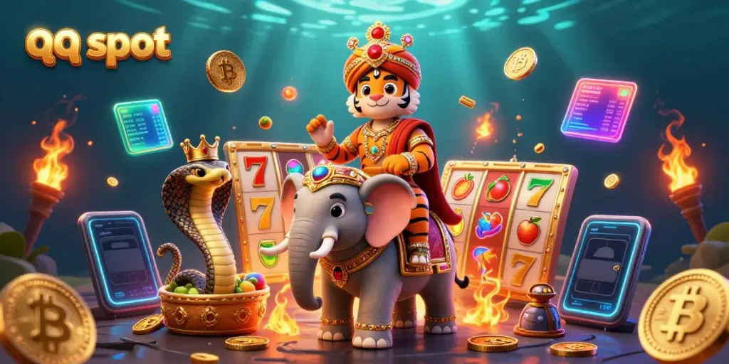 Join the thrilling qq slot adventure with a maharaja tiger and glamorous casino scenes.