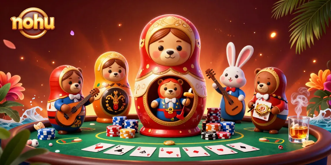 Engage with nohu's vibrant 3D scene showcasing poker elements and colorful characters in action.
