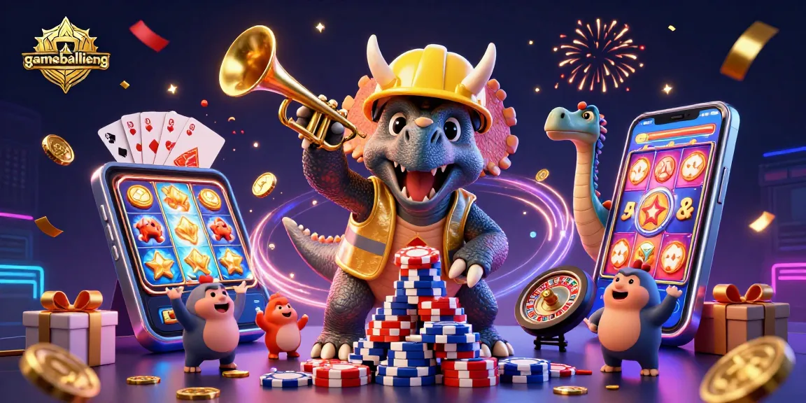 Engage with gamebailieng as triceratops builds poker chip pyramid in a vibrant, dynamic gaming scene.