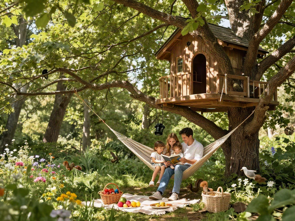 Family enjoying treehouses in a beautiful forest setting with lush greenery.
