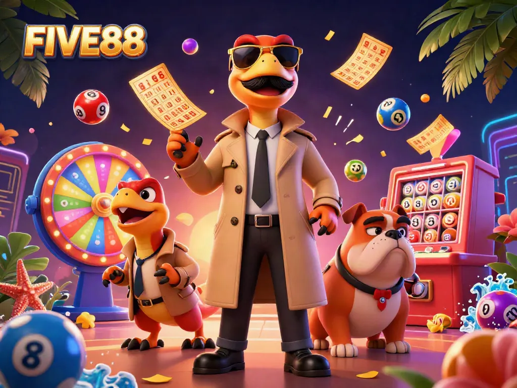 Experience thrilling gaming at FIVE88 with vibrant characters and exciting lottery features.
