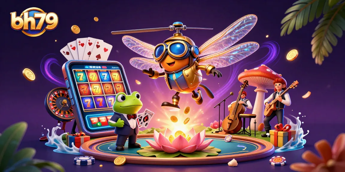 Experience thrilling gameplay at bh79 with a vibrant casino scene showcasing dragonfly pilot and frog dealer.
