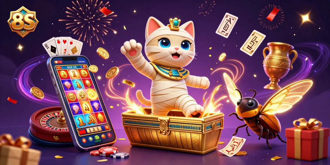 Experience 8S with an exciting Egyptian-themed cat and glowing scarab in a vibrant casino