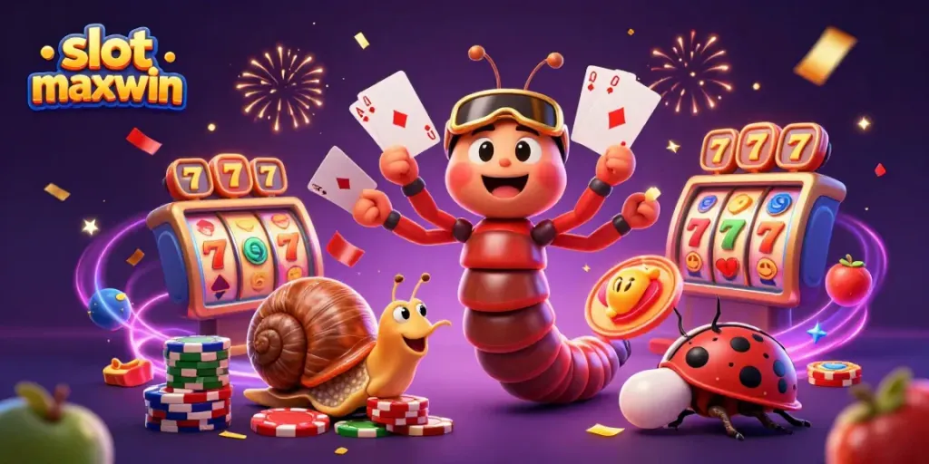 Slot maxwin menghadirkan dealer unik dan simbol permainan ceria dalam suasana kasino.