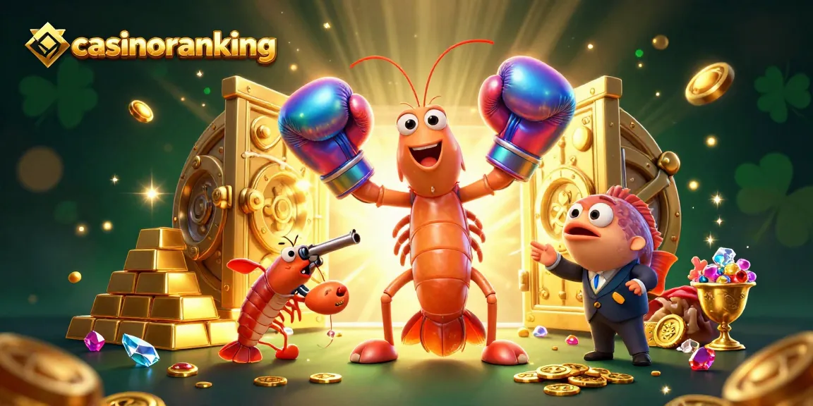 Experience the thrill of winning with casinoranking as the mantis shrimp and sidekick celebrate amidst gold treasures.