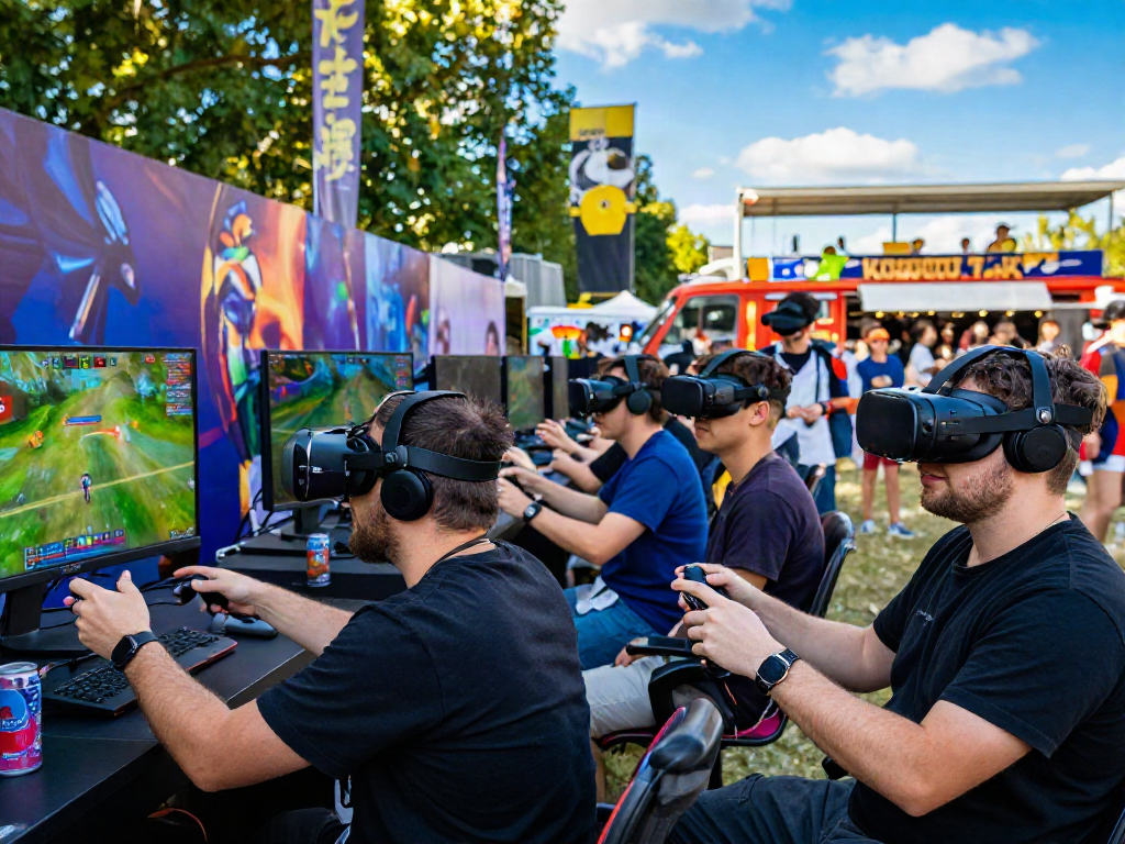 Gamers engaging in a virtual reality experience while competing for qris slot prizes at a lively festival.