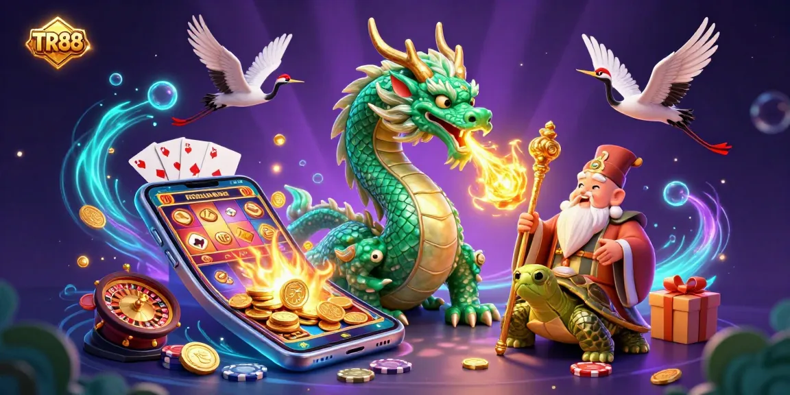 Play exciting games at TR88 as emerald jade dragon and turtle sage animate the casino scene.