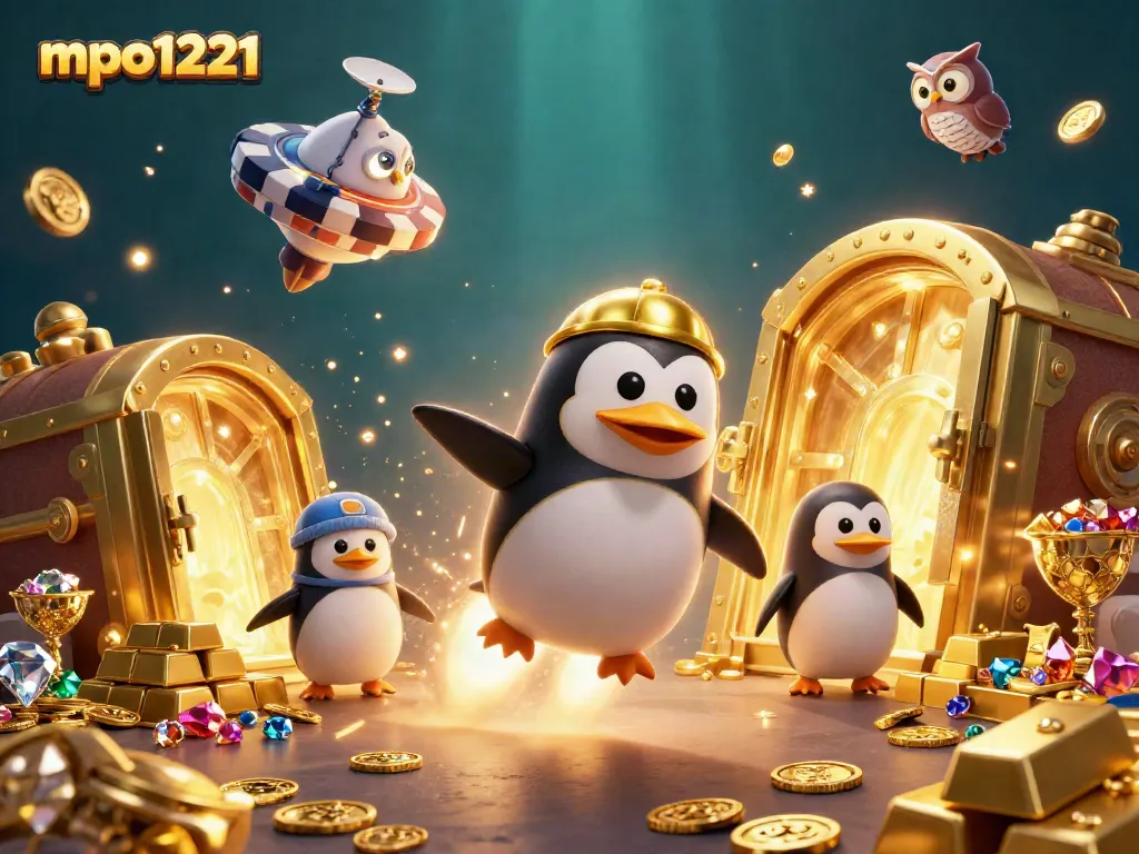 Play exciting games at mpo1221 with a stunning penguin and casino-themed illustration.