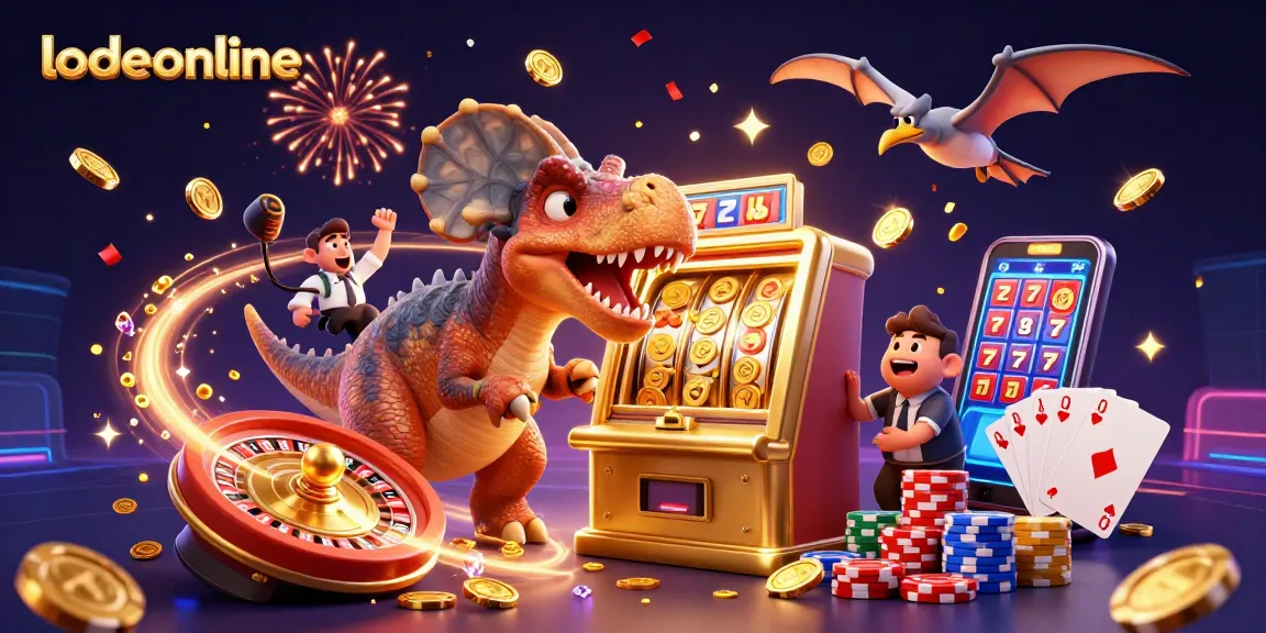 Lodeonline players celebrate a jackpot win as a dinosaur headbutts a golden slot machine in a fun casino scene.