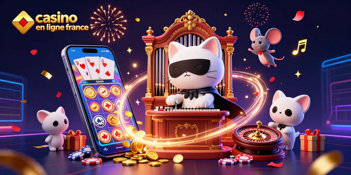 Illustration captivante de casino en ligne France, mettant en scène un chat fantôme et un acrobate, entourés de jeux d'argent.