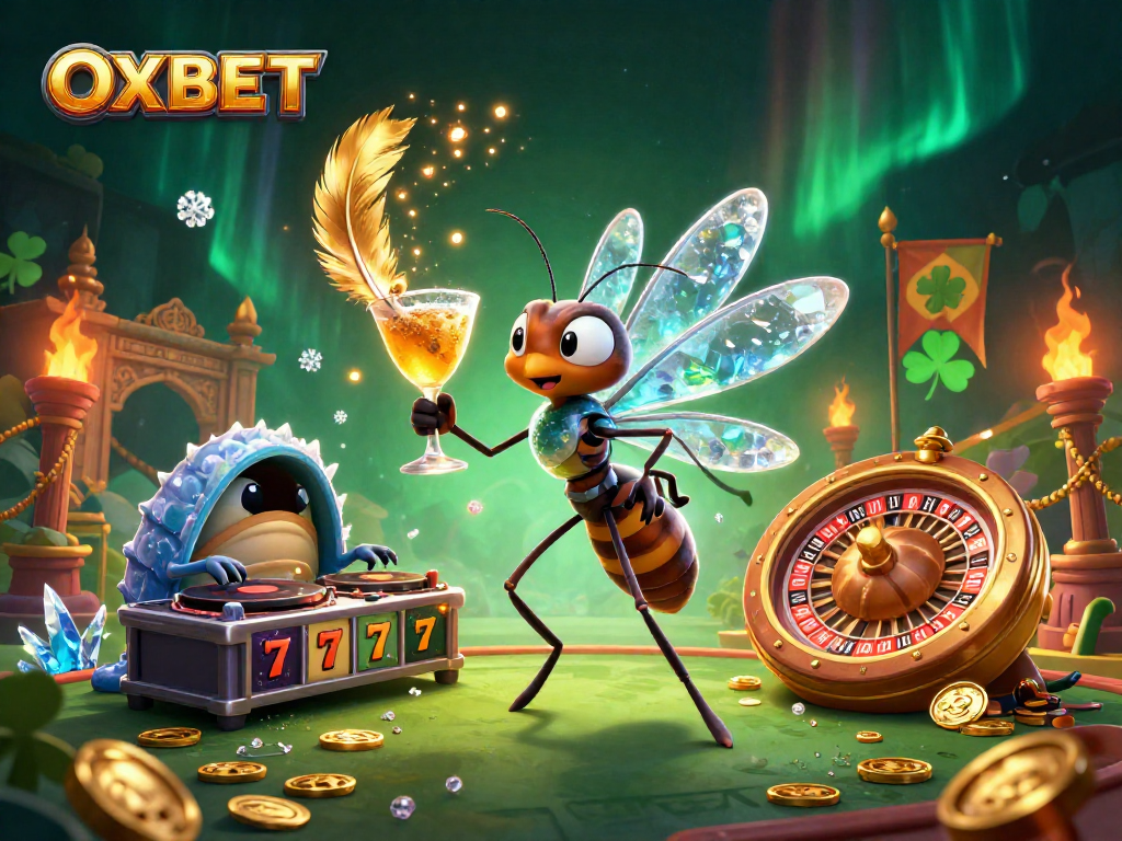 Experience the vibrant OXBET casino scene with animated characters and dynamic slot elements.