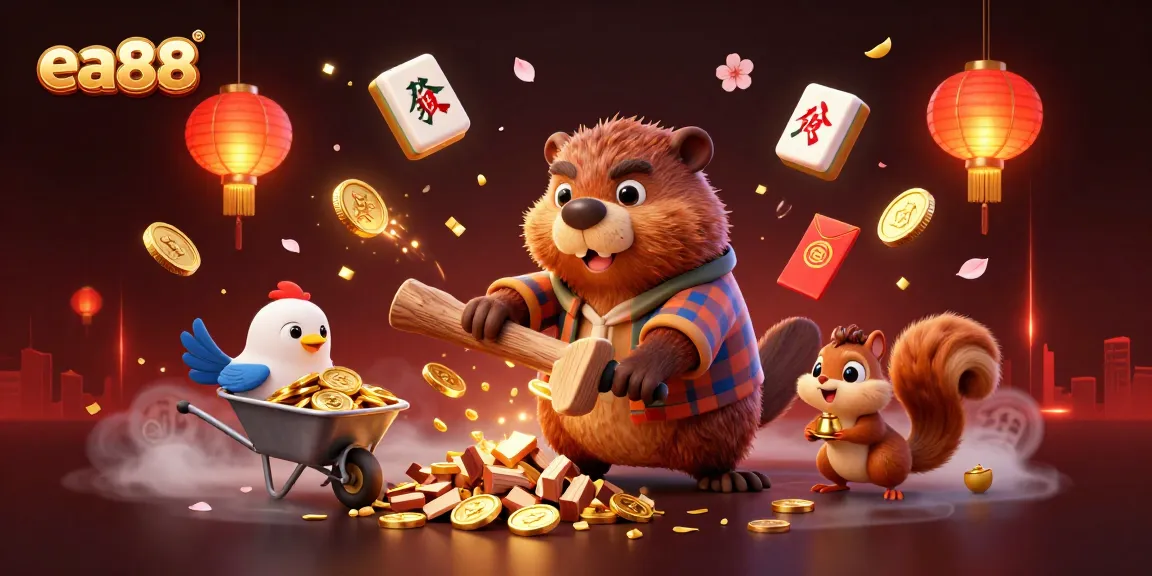 ea88 brings excitement as beaver and friends gather gold coins in a vibrant casino scene.