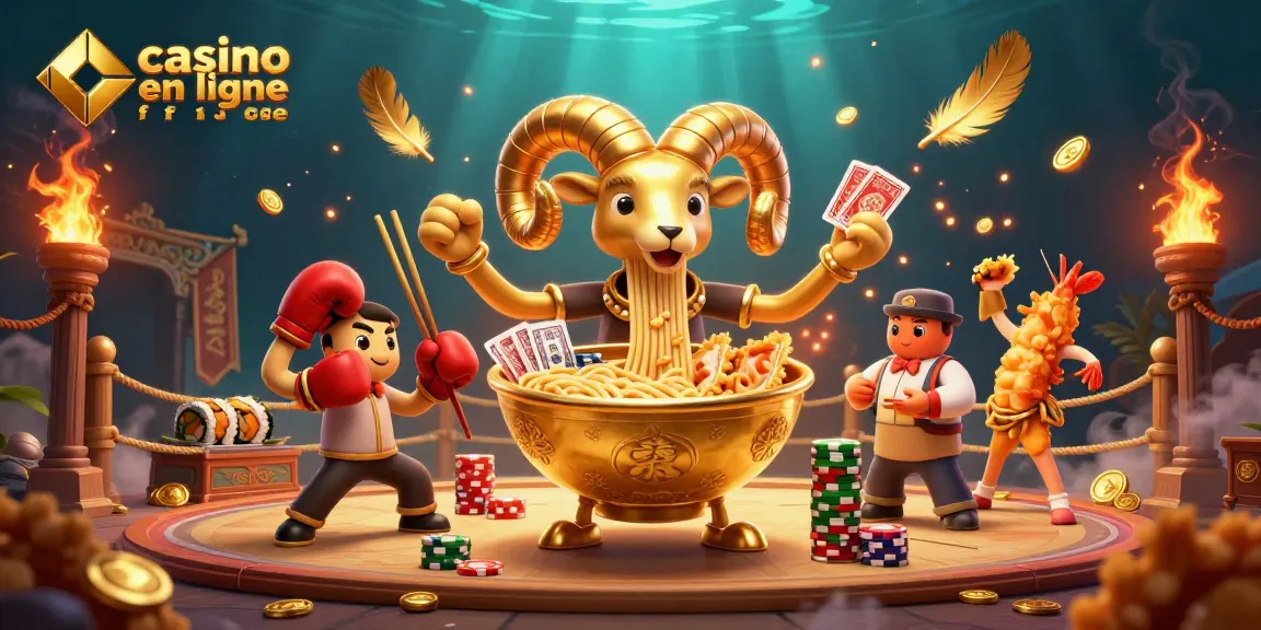 Illustration dynamique du casino en ligne France avec un bol de ramen et ses amis.