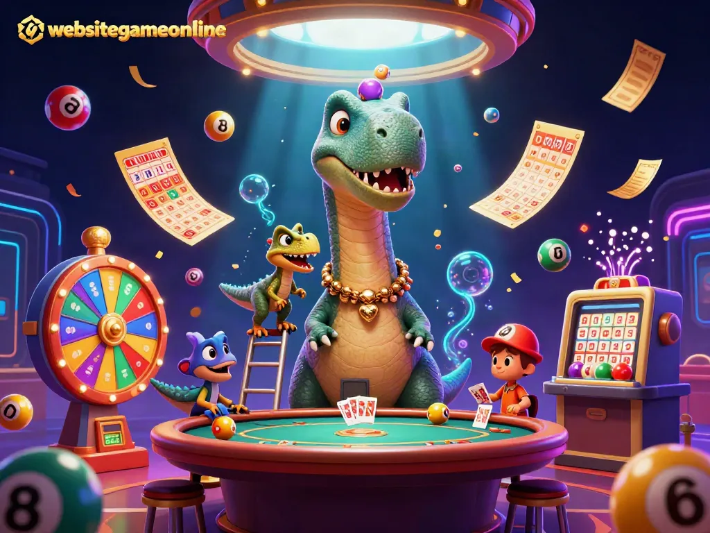Play engaging games at websitegameonline with vibrant lottery elements and casino characters.