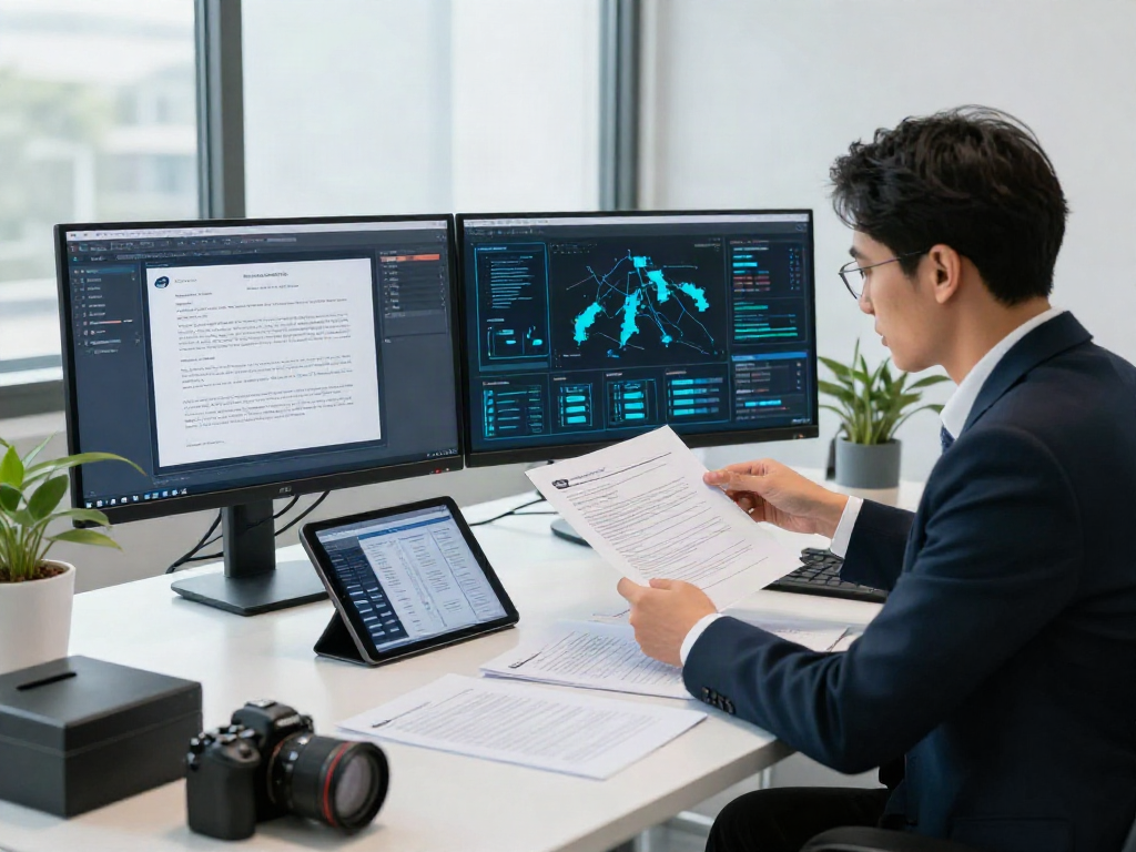 Document fraud detection solution displayed on screen with expert analyzing data.