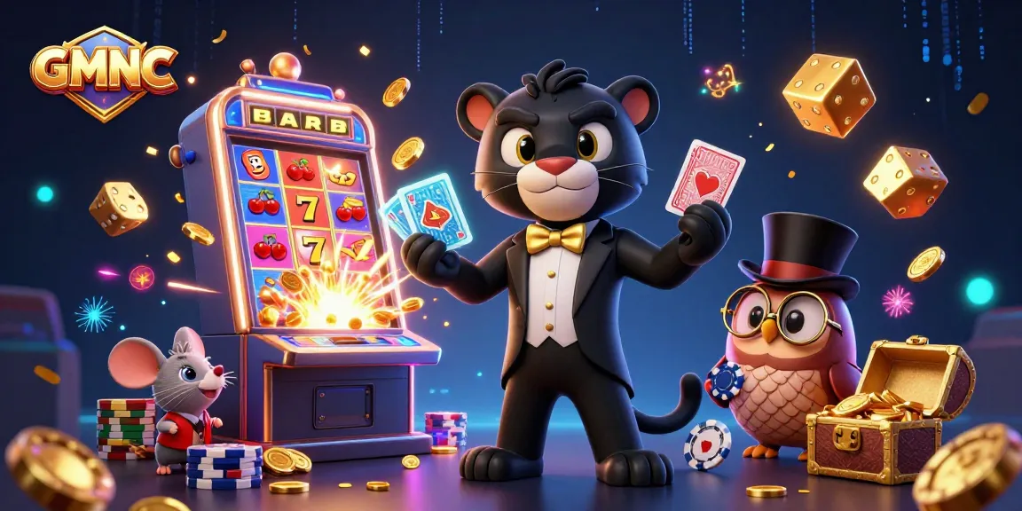GMNC showcases an elegant black panther dealing cards amidst a vibrant casino scene bursting with excitement and jackpot wins