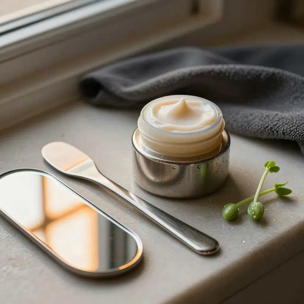 Eye cream pot with spatula on a mirror tray, flanked by dewy pea shoots.