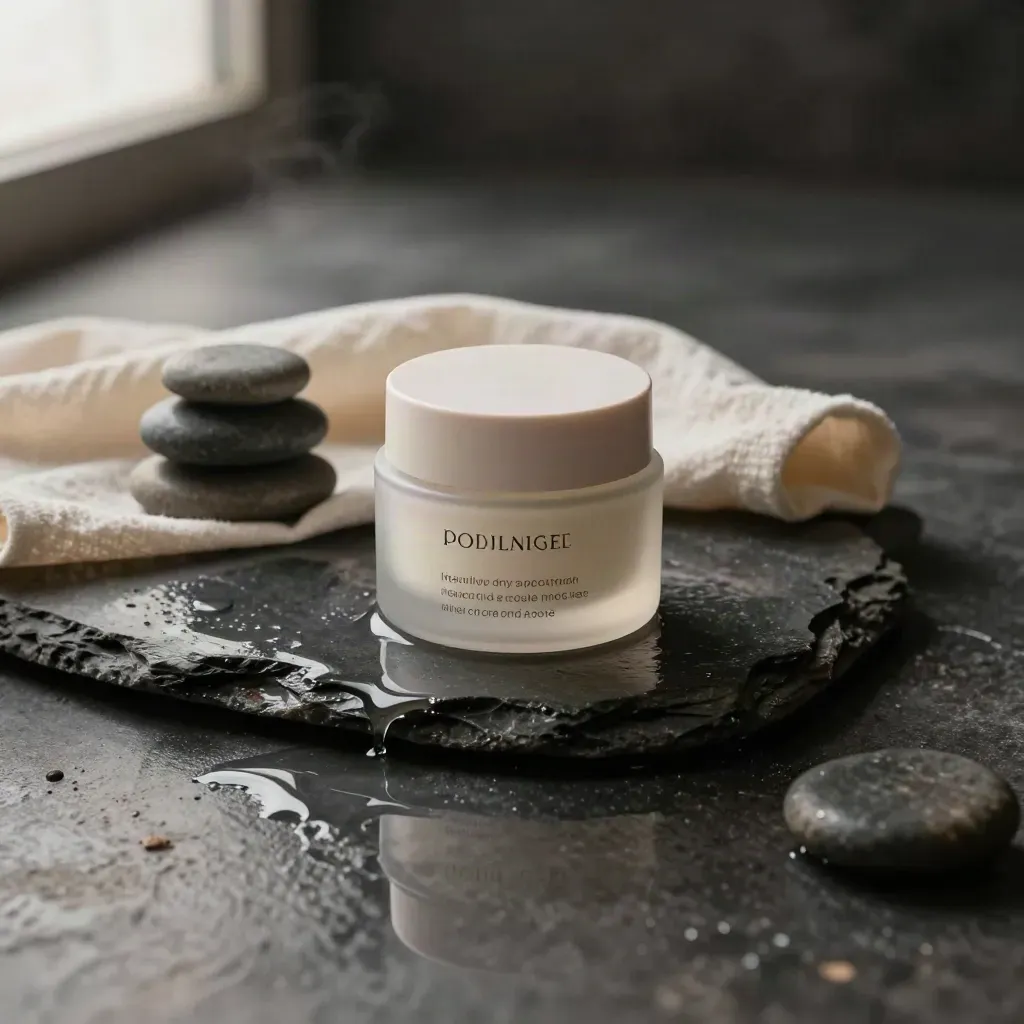 Hydrating face mask jar on wet stone with cream cloth, pebble stack and misty reflection.