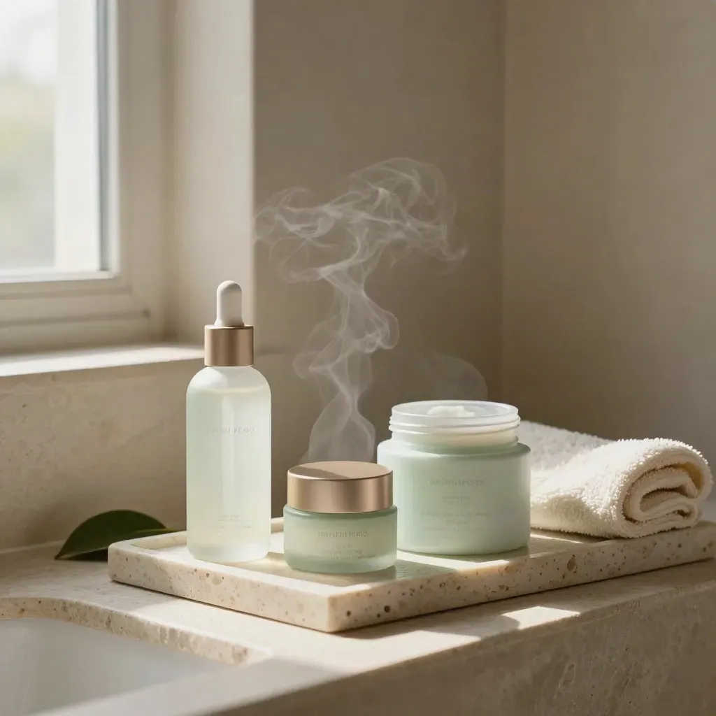 Three skincare products on travertine with towel, tray and citrus leaf in a steamy bathroom niche.