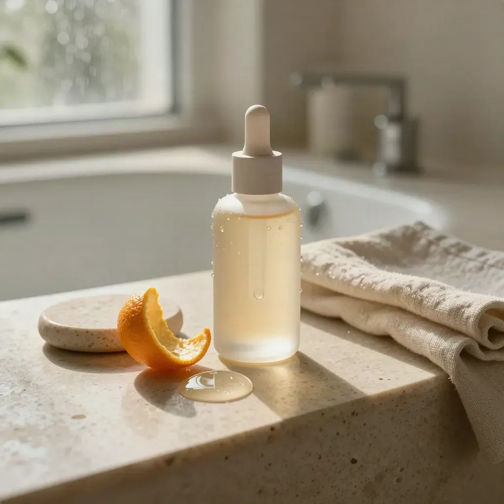 Serum bottle with citrus peel, gel pools, stone dish, and linen on a travertine vanity