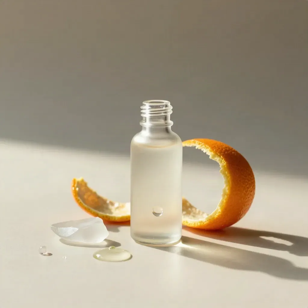 Glass vitamin C serum bottle with orange peel curl, droplet, and frosted shard on cream surface.