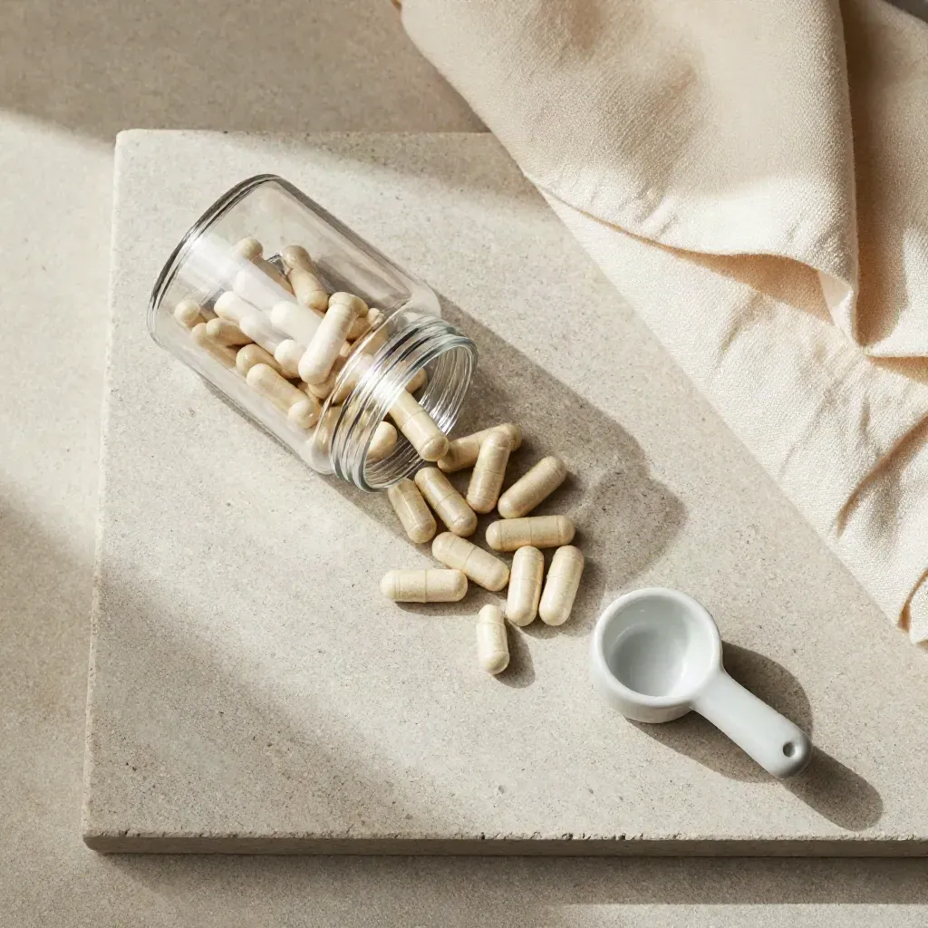 Overhead flatlay of a clear capsule jar, pale capsules, linen cloth edge, and ceramic scoop on stone.