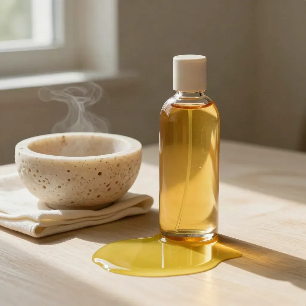 Amber body oil bottle beside stone bowl, gauze, and oil on pale wood in warm haze.
