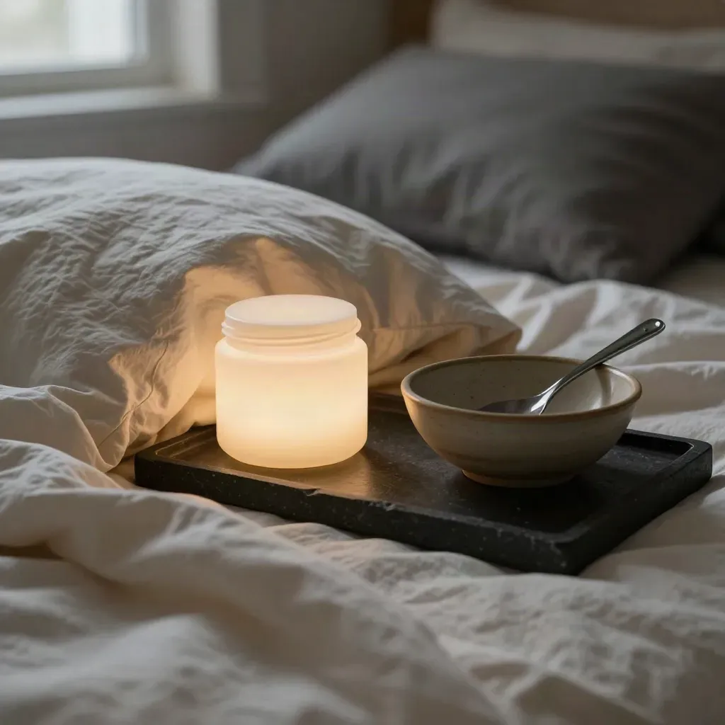 Glow mask jar in cream linen beside a sleep bowl and dark glass spoon, moody dusk still life.