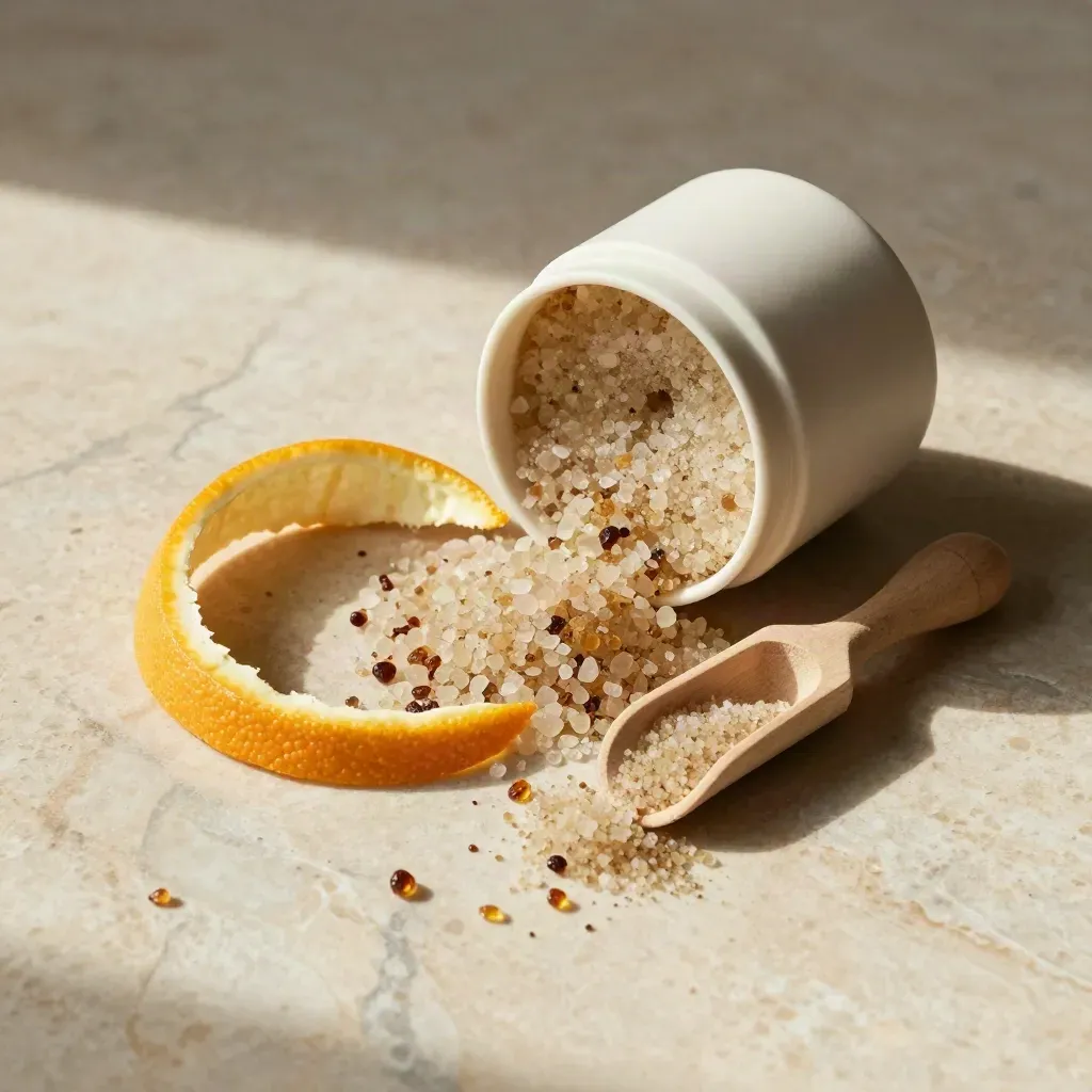 Body scrub pot with citrus peel curls, salt crystals and a wooden scoop on pale stone.