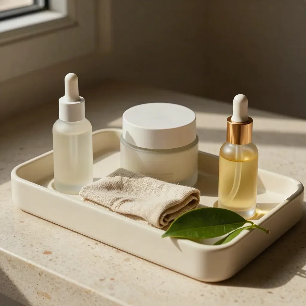 Glow routine kit in a cream tray with linen, citrus leaf, and soft raking light.