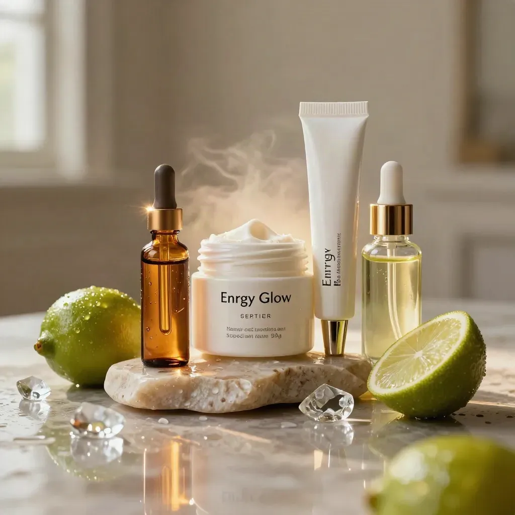 Luxury skincare set with serum, mask, eye cream and oil lit in a dramatic lime glow.