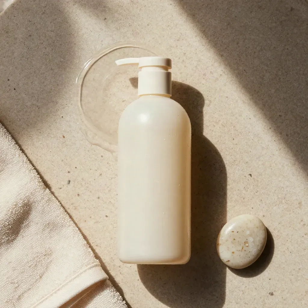 Overhead cleanser flatlay with water crescent, towel edge, and stone pebble.